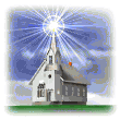 a church with a shining light at the top of its steeple