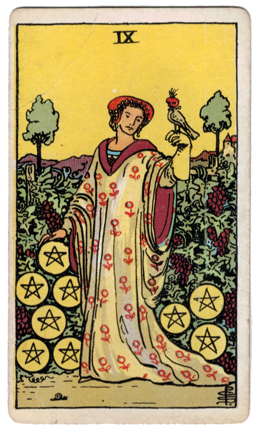 the Nine of Pentacles tarot card, upright