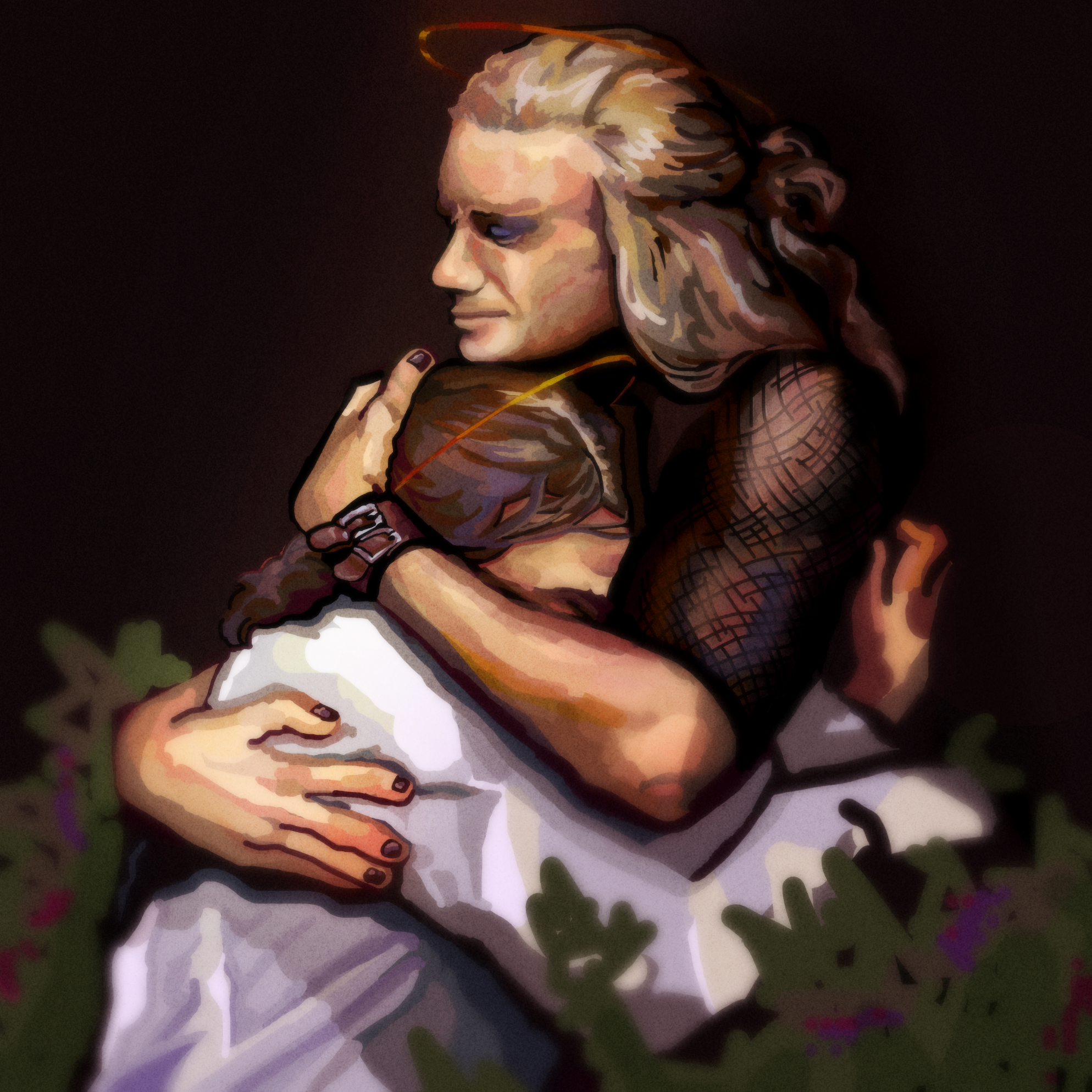 a digital painting of Judas hugging Jesus